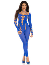 Load image into Gallery viewer, Opaque Cut Out Footless Bodystocking - One Size - Royal Blue